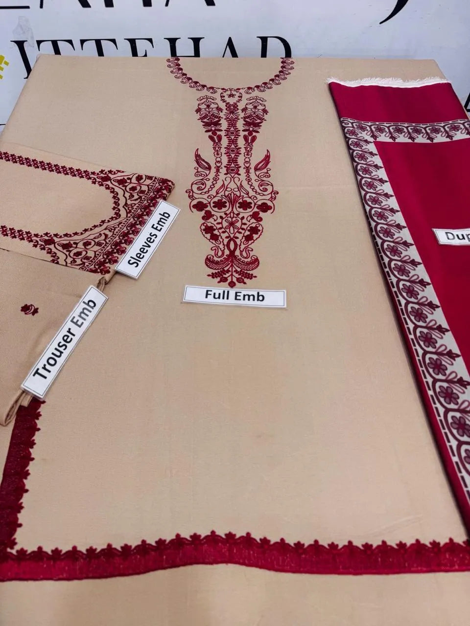 3 Pcs Women's Unstitched Dhanak Embroidered Suit with Wool Digital Dupatta – Ivory