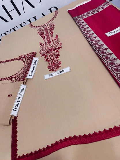 3 Pcs Women's Unstitched Dhanak Embroidered Suit with Wool Digital Dupatta – Ivory