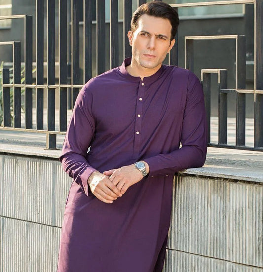 Men’s 2 Pcs Wash & Wear Plain Shalwar Kameez – Vibrant Purple