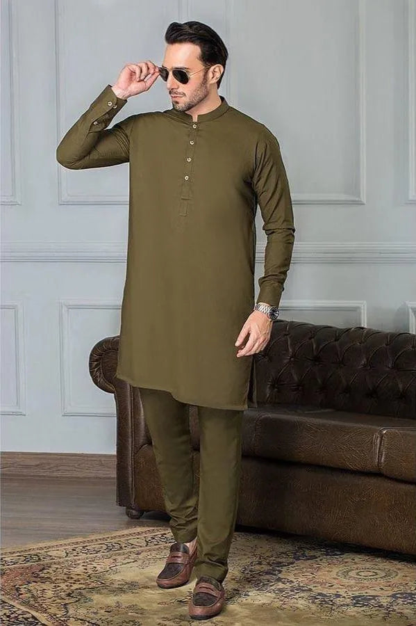 Men’s 2 Pcs Wash & Wear Plain Shalwar Kameez – Green