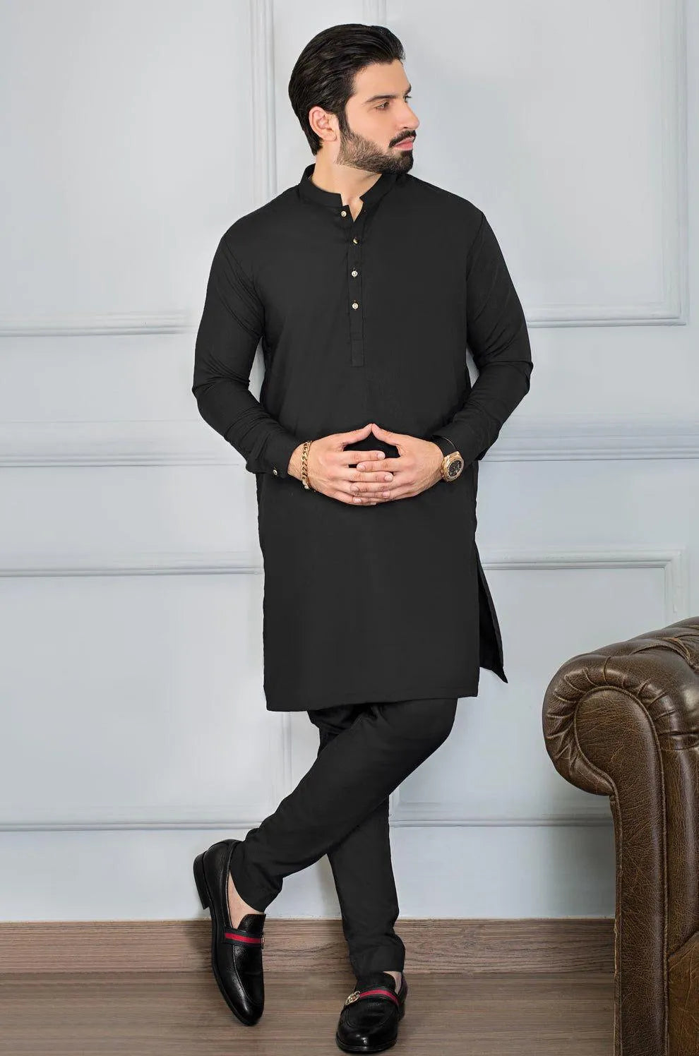 Men’s 2 Pcs Wash & Wear Plain Shalwar Kameez – Black