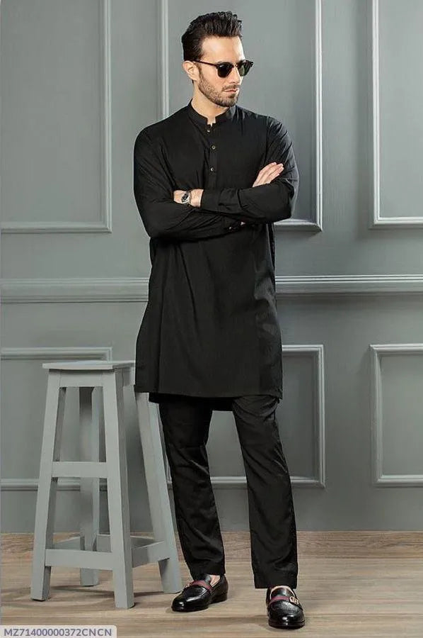 Men’s 2 Pcs Wash & Wear Plain Shalwar Kameez – Black
