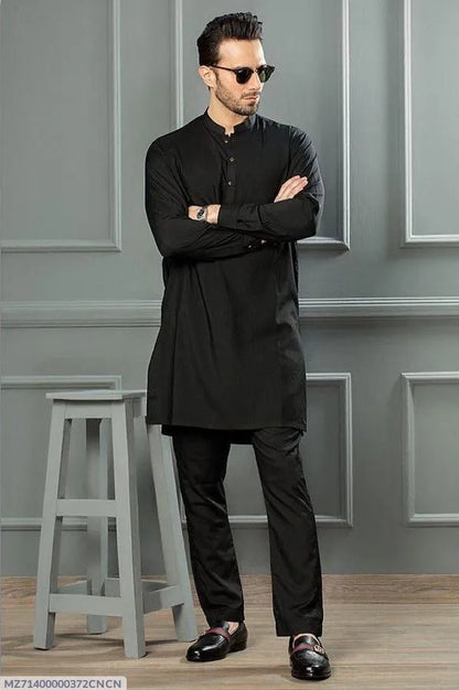 Men’s 2 Pcs Wash & Wear Plain Shalwar Kameez – Black