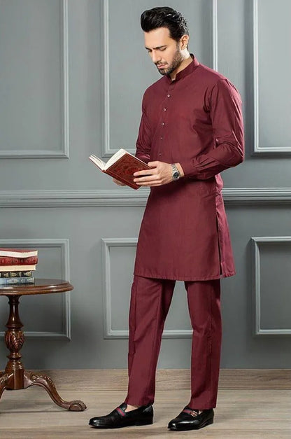 Men’s 2 Pcs Wash & Wear Plain Shalwar Kameez – Maroon