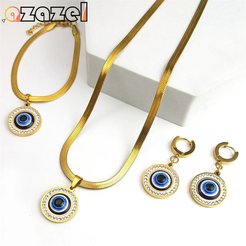 Evil Blue Eye Jewelry Set for Women Stainless Steel Luxury Crystal Magic Turkish Eye Earring Necklaces Bracelet Party Daily Wear - Nextwave Zone