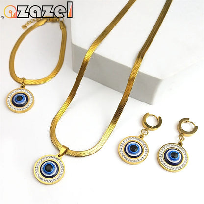 Evil Blue Eye Jewelry Set for Women Stainless Steel Luxury Crystal Magic Turkish Eye Earring Necklaces Bracelet Party Daily Wear - Nextwave Zone
