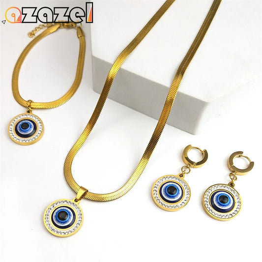 Evil Blue Eye Jewelry Set for Women Stainless Steel Luxury Crystal Magic Turkish Eye Earring Necklaces Bracelet Party Daily Wear - Nextwave Zone