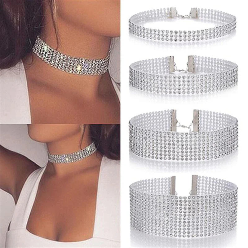 Silver Plated Crystal Women Popular Bundle Neck Element Necklace Extra Wide Wedding Party Diamante Choker Jewelry Gifts - Nextwave Zone