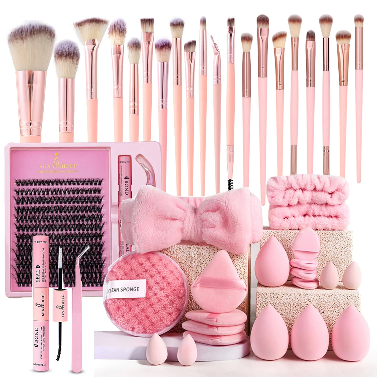 Makeup Brushes and Sponges Set, Pink Makeup Puff, Headband, Wristband Remover , 8-16mm DIY Eyelash Extension Kit makeup tool - Nextwave Zone