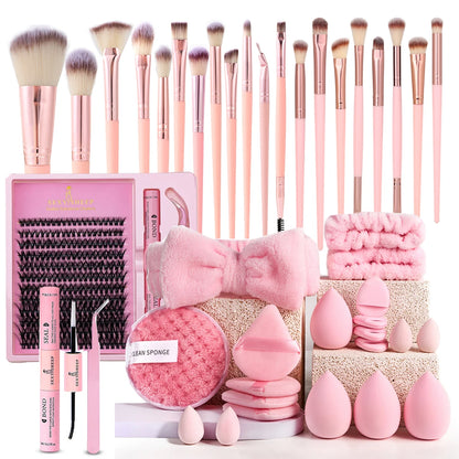 Makeup Brushes and Sponges Set, Pink Makeup Puff, Headband, Wristband Remover , 8-16mm DIY Eyelash Extension Kit makeup tool - Nextwave Zone