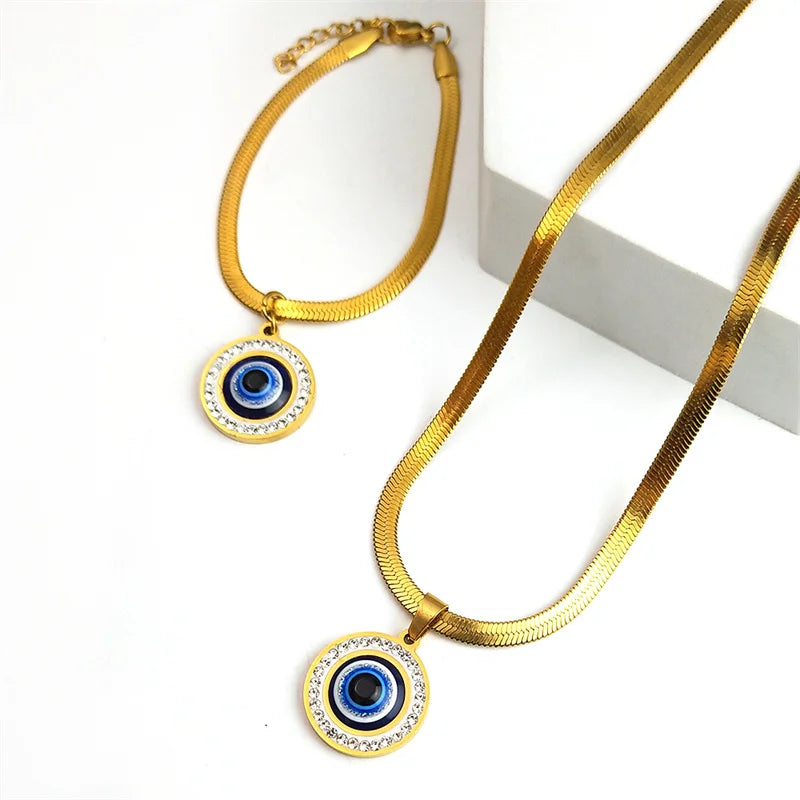Evil Blue Eye Jewelry Set for Women Stainless Steel Luxury Crystal Magic Turkish Eye Earring Necklaces Bracelet Party Daily Wear - Nextwave Zone