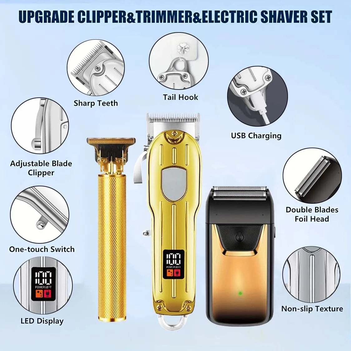 Professional Hair Clipper and Trimmer Set Men Electric Razor Shavers Beard Trimmer Rechargeable Barber Clippers Haircut Kit - Nextwave Zone