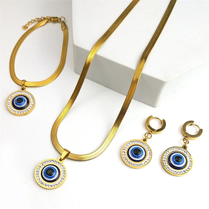 Evil Blue Eye Jewelry Set for Women Stainless Steel Luxury Crystal Magic Turkish Eye Earring Necklaces Bracelet Party Daily Wear - Nextwave Zone