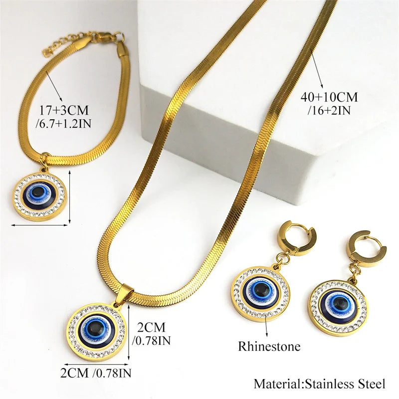 Evil Blue Eye Jewelry Set for Women Stainless Steel Luxury Crystal Magic Turkish Eye Earring Necklaces Bracelet Party Daily Wear - Nextwave Zone