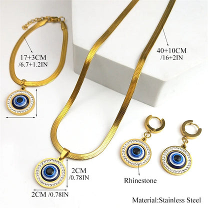 Evil Blue Eye Jewelry Set for Women Stainless Steel Luxury Crystal Magic Turkish Eye Earring Necklaces Bracelet Party Daily Wear - Nextwave Zone