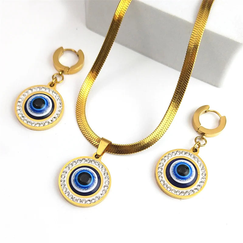 Evil Blue Eye Jewelry Set for Women Stainless Steel Luxury Crystal Magic Turkish Eye Earring Necklaces Bracelet Party Daily Wear - Nextwave Zone