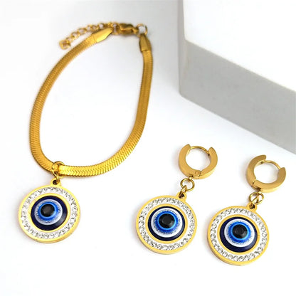 Evil Blue Eye Jewelry Set for Women Stainless Steel Luxury Crystal Magic Turkish Eye Earring Necklaces Bracelet Party Daily Wear - Nextwave Zone