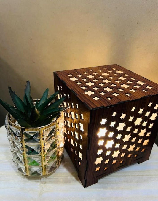 Wooden star-patterned lamp beside a glass pot with a small succulent plant