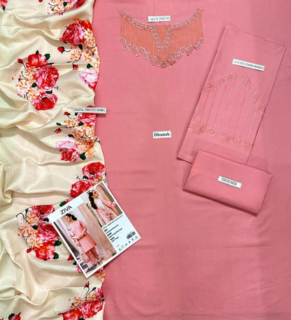 Pink embroidered unstitched suit set with floral digital printed shawl, neck patch, trousers.