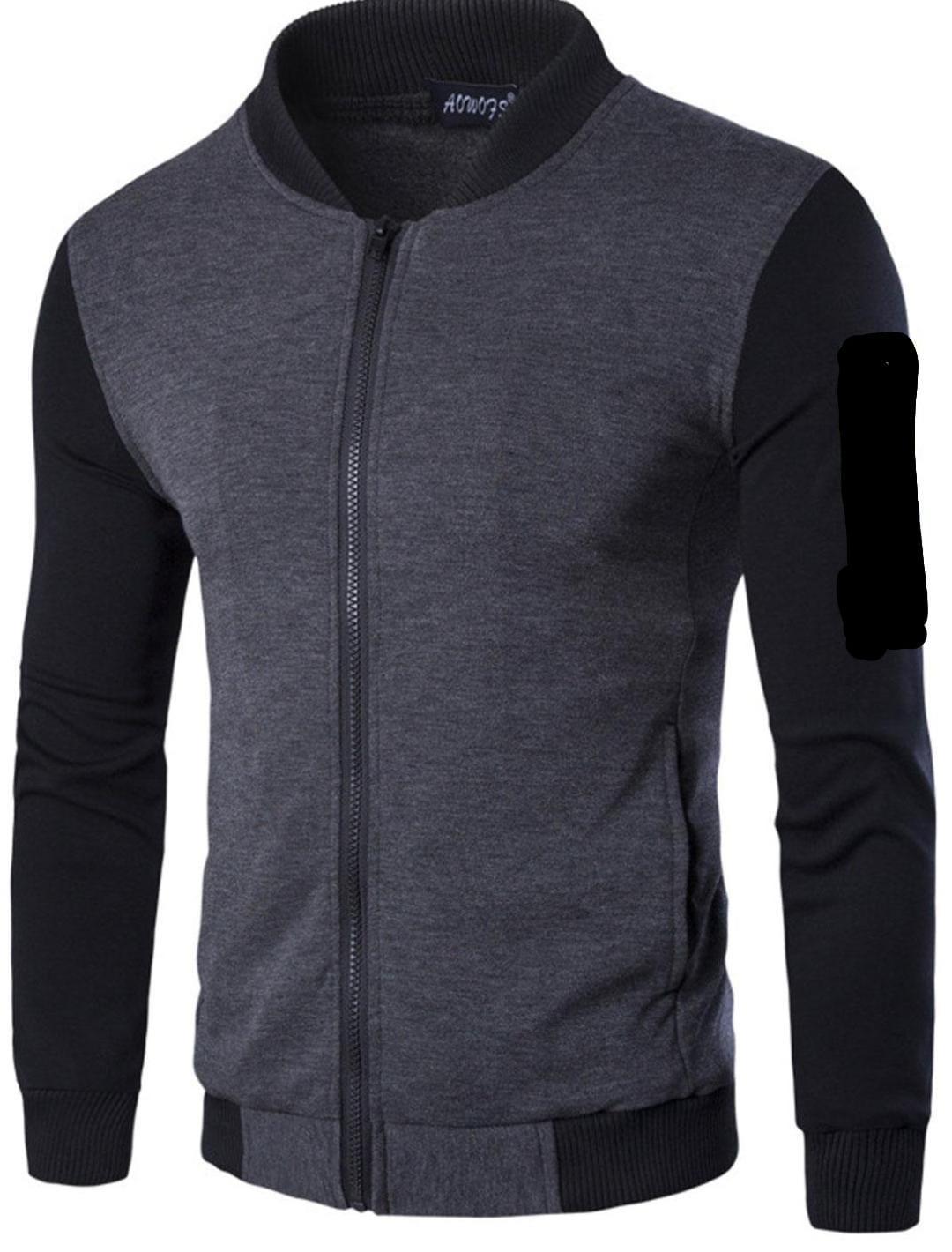 Men's dark grey and black zip-up bomber jacket with ribbed collar and cuffs