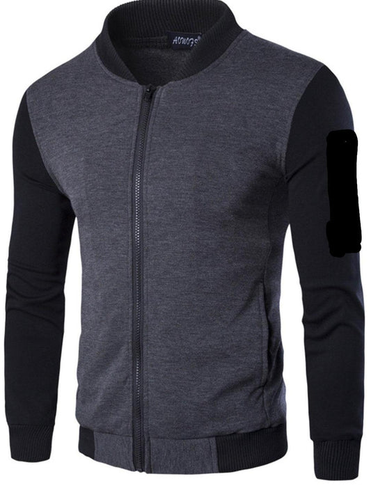 Men's dark grey and black zip-up bomber jacket with ribbed collar and cuffs