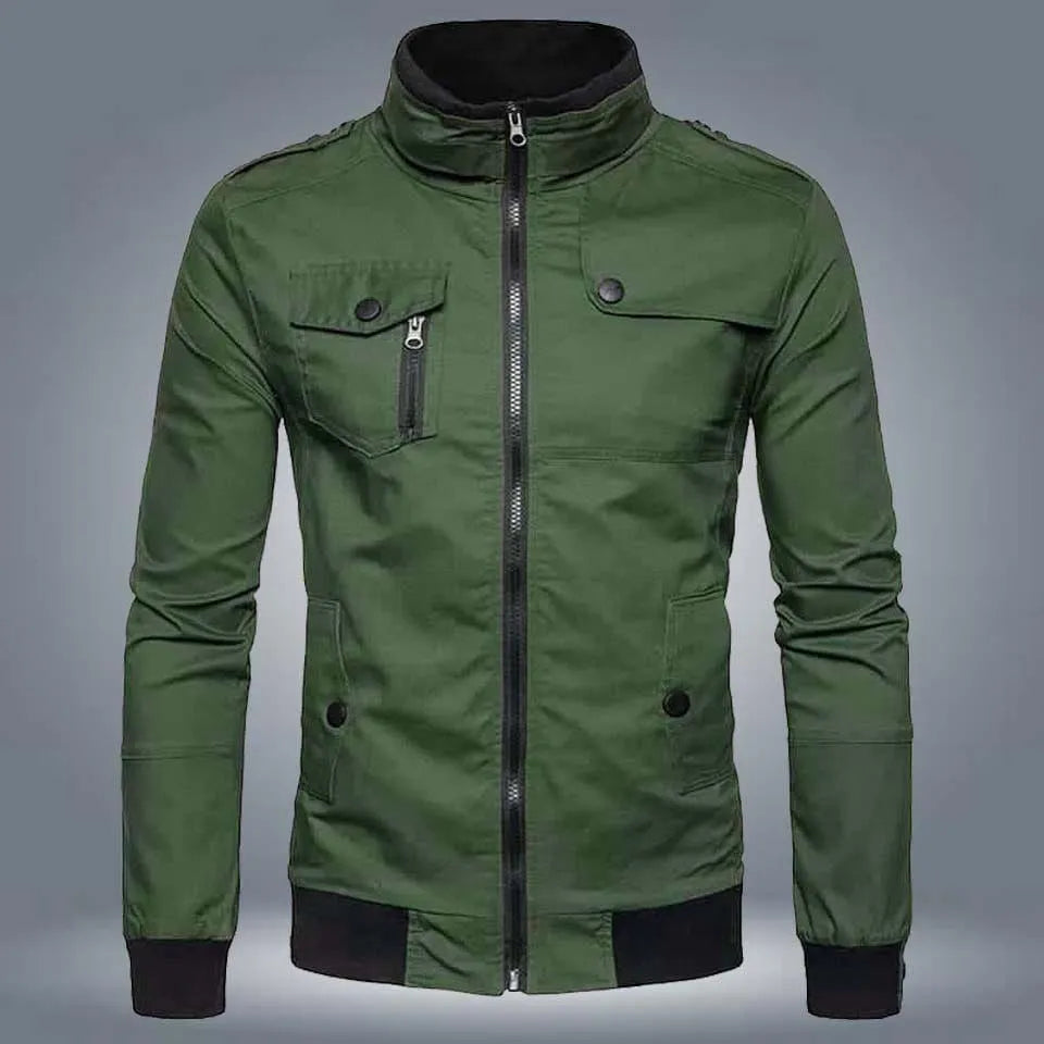 Olive green men's zip-up jacket with stand collar and buttoned chest pocket on gray background