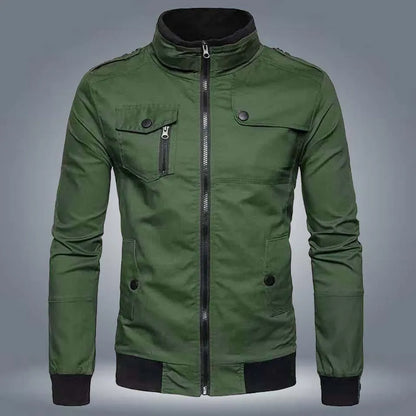 Olive green men's zip-up jacket with stand collar and buttoned chest pocket on gray background