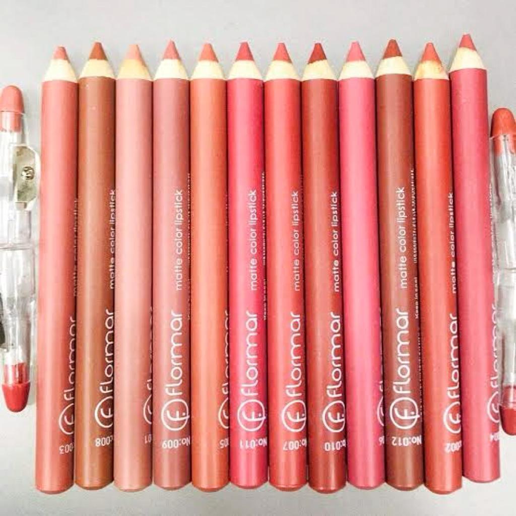 Flormar matte color lipstick pencils in red and nude shades with sharpeners