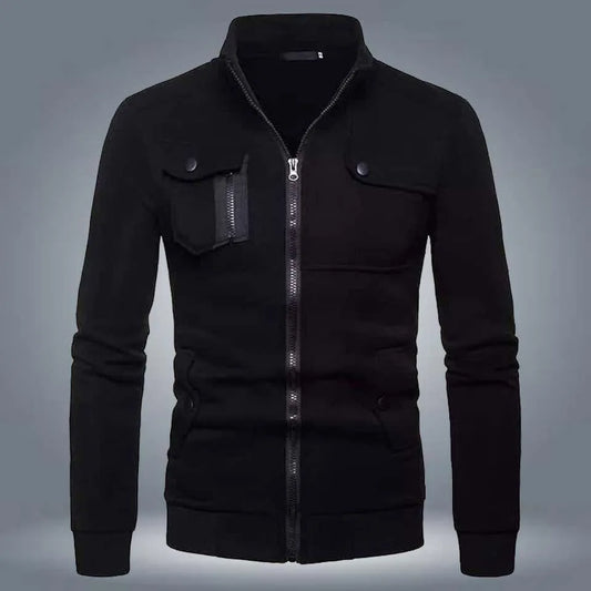 Black zip-up jacket with stand collar and front flap pockets on a grey background