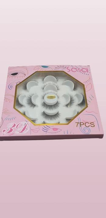3D false eyelashes set in pink Sasa box with floral window, 7 pairs visible, on pink background