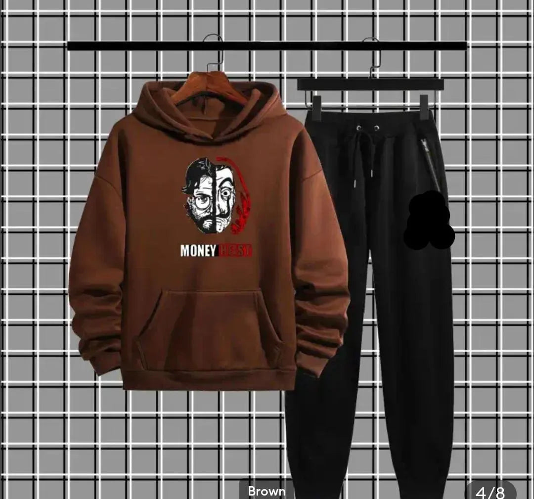 Brown Money Heist hoodie with graphic, black jogger pants, grid background