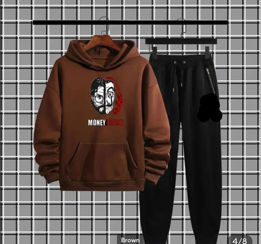 Brown Money Heist hoodie with graphic, black jogger pants, grid background