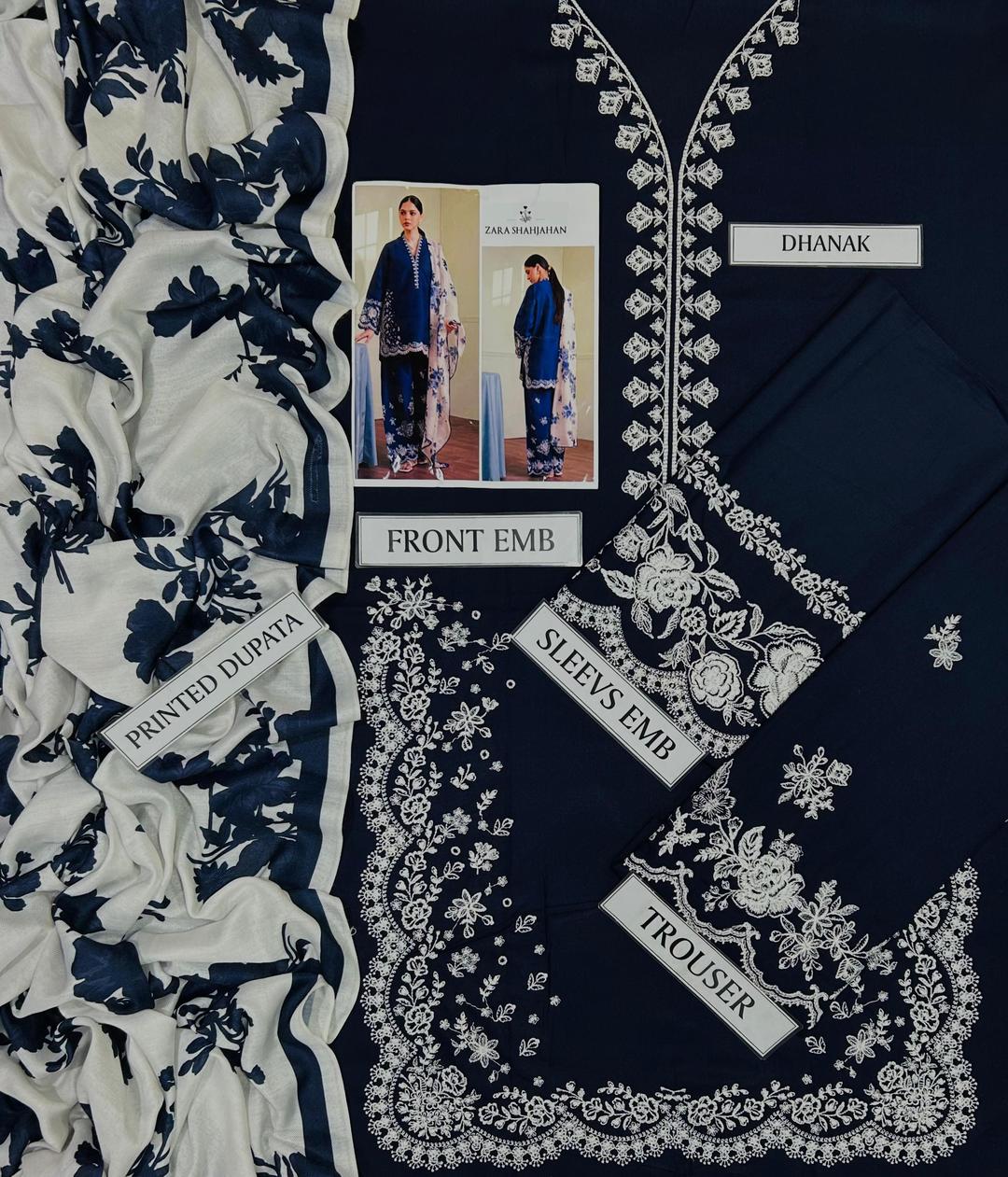Navy blue and white Pakistani embroidered dress fabric set with printed dupatta and trouser