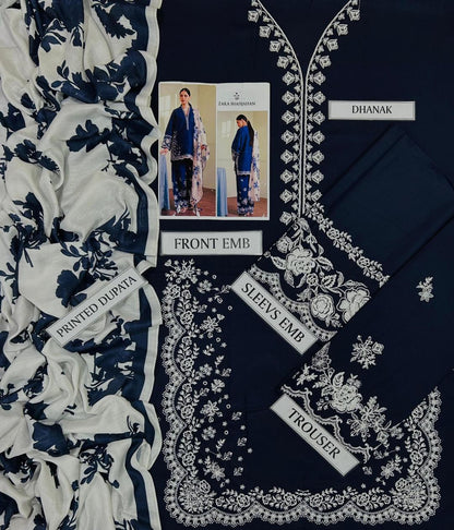 Navy blue and white Pakistani embroidered dress fabric set with printed dupatta and trouser