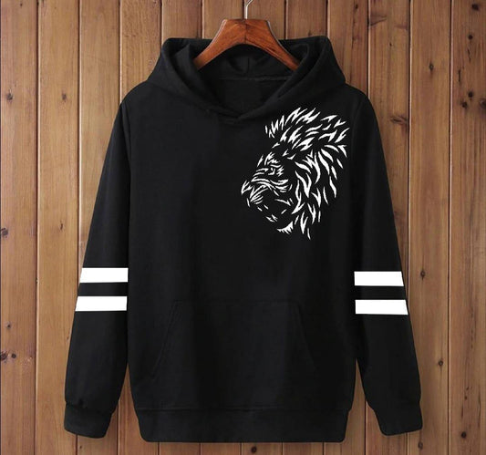 Black hoodie with white lion head graphic and striped sleeves on wooden wall