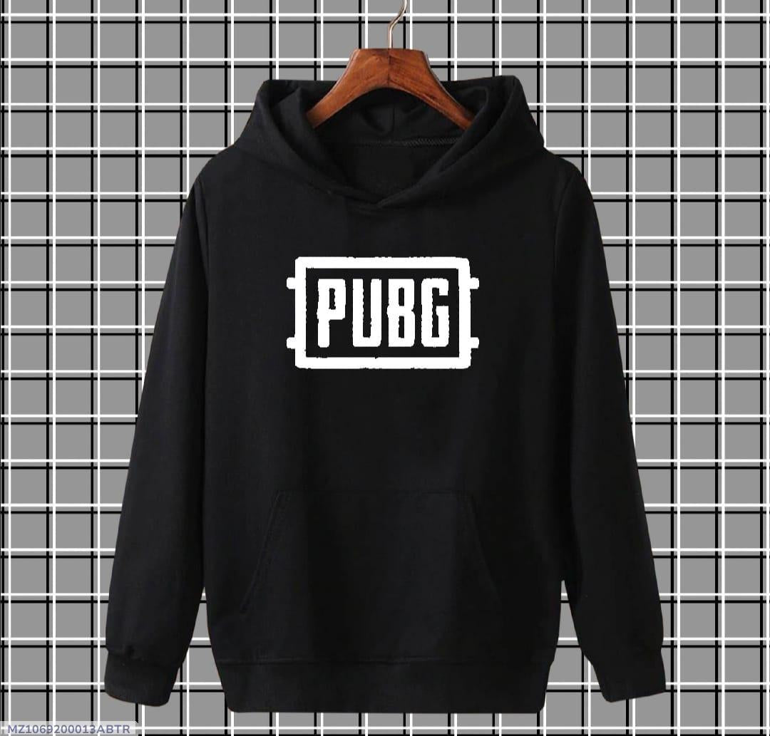 Black PUBG hoodie on hanger against checkered background, gamer clothing fashion