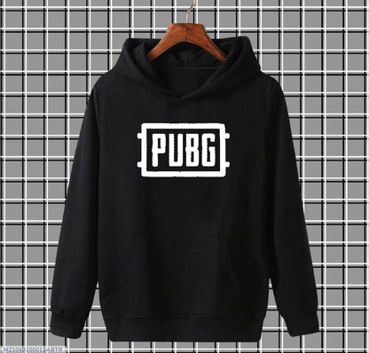 Black PUBG hoodie on hanger against checkered background, gamer clothing fashion