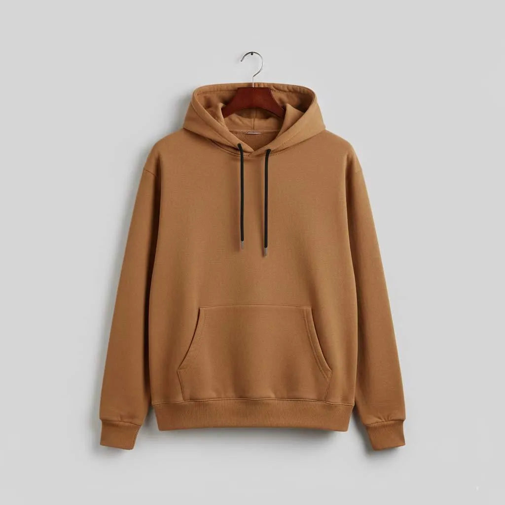 Brown hoodie with kangaroo pocket and black drawstrings on hanger, plain background