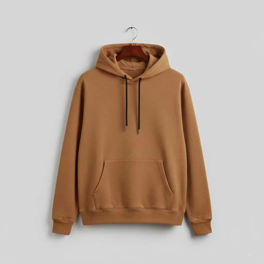 Brown hoodie with kangaroo pocket and black drawstrings on hanger, plain background