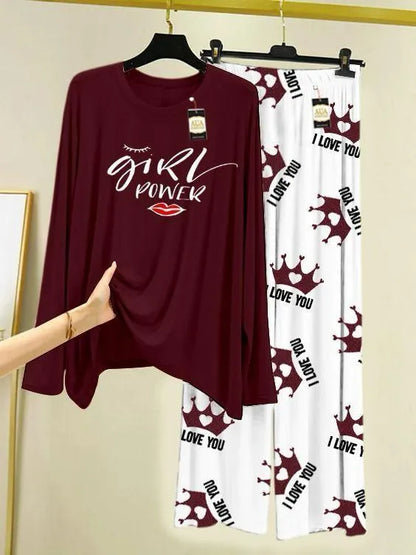 Women's maroon 'Girl Power' pajama set with white 'I Love You' crown print pants