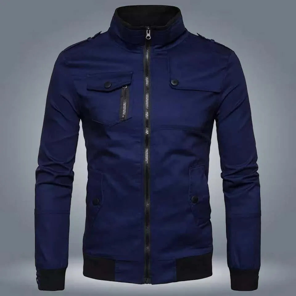 Men's navy blue zip-up casual jacket with chest pockets and stand collar