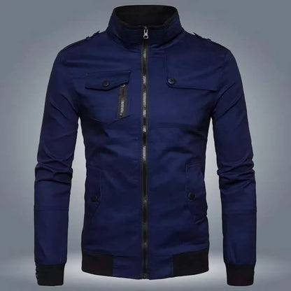 Men's navy blue zip-up casual jacket with chest pockets and stand collar
