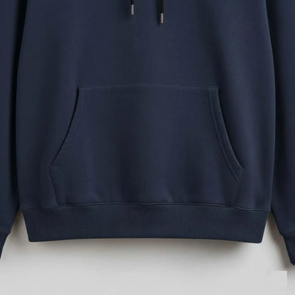 Navy blue hoodie with kangaroo pocket and drawstrings, casual streetwear