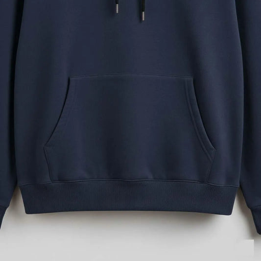 Navy blue hoodie with kangaroo pocket and drawstrings, casual streetwear