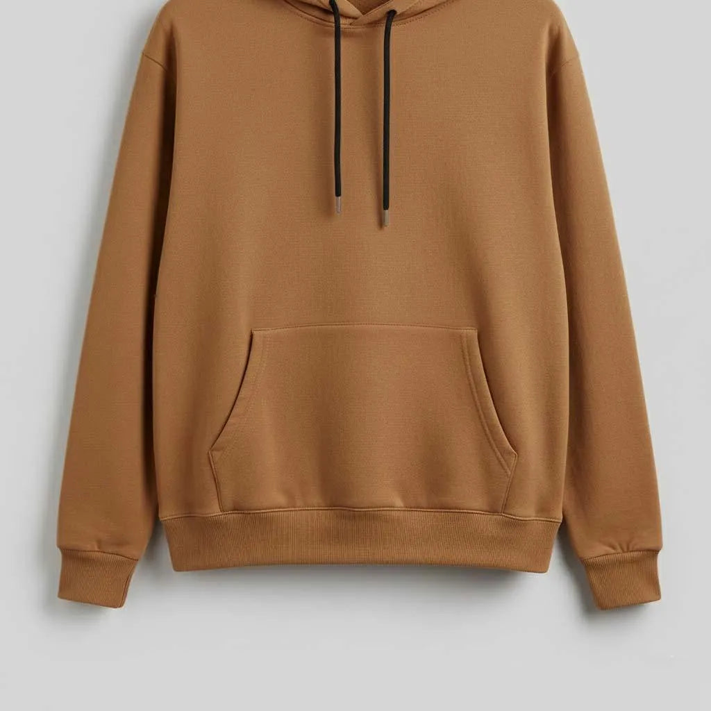 Brown hoodie with kangaroo pocket and drawstring on plain gray background