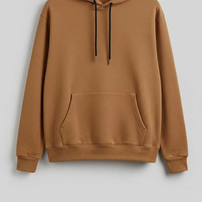 Brown hoodie with kangaroo pocket and drawstring on plain gray background