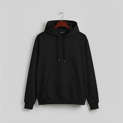 Black hoodie with front pocket and drawstrings on hanger against plain gray background