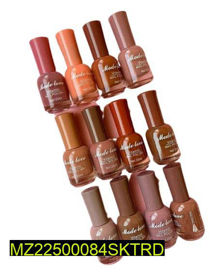 Assorted Mode Love neutral brown and nude nail polish bottles arranged in rows, code MZ22500084SKTRD.