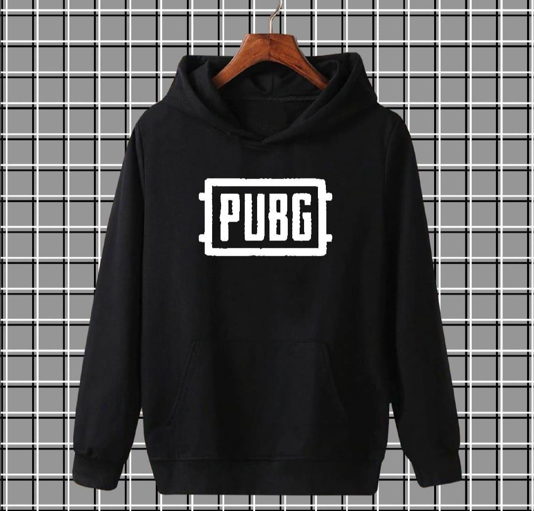 Black PUBG hoodie on hanger with grid background, gaming merchandise sweatshirt