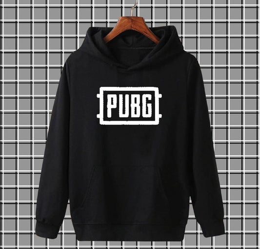 Black PUBG hoodie on hanger with grid background, gaming merchandise sweatshirt